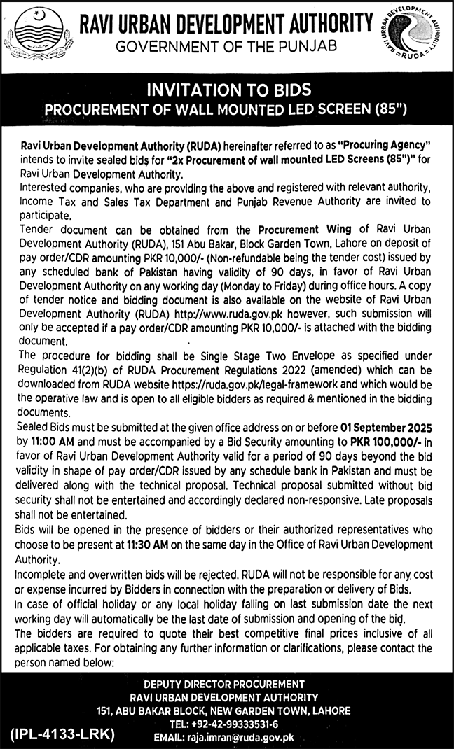 Ravi Urban Development Authority Lahore Tender Notice